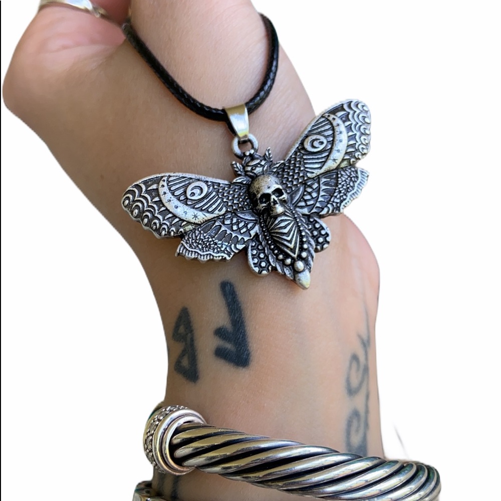 Moth with moon and skull design pewter necklace on leather cord boho goth - Picture 5 of 15